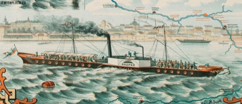 An enlarged fragment of an advertisement of the Maurycy Fajans' Steamboat Company, lithography by M. Fajans (źródło: http://cyfrowe.mnw.art.pl)